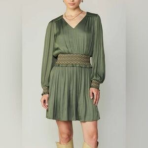 Current Air Olive Green Smocked Embroidered V Neck Dress New Size S